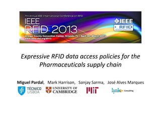 Expressive RFID data access policies for the
Pharmaceuticals supply chain
Miguel Pardal, Mark Harrison, Sanjay Sarma, José Alves Marques
Consulting
 