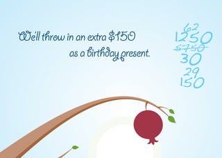 62
We’ll throw in an extra $150          1250
                                      5750
             as a birthday present.    30
                                      29
                                      150
 
