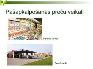 Pašapkalpošanās preču veikali



             Pārtikas veikali




                         Benzīntanki
 