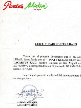Pardo´s Chicken certificate