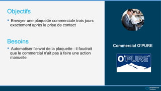 Objectifs
 Envoyer une plaquette commerciale trois jours
exactement après la prise de contact
Commercial O’PURE
Besoins
 Automatiser l’envoi de la plaquette : il faudrait
que le commercial n’ait pas à faire une action
manuelle
 
