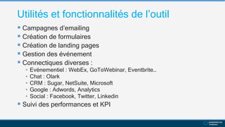 Utilités et fonctionnalités de l’outil
 Campagnes d’emailing
 Création de formulaires
 Création de landing pages
 Gestion des événement
 Connectiques diverses :
• Evénementiel : WebEx, GoToWebinar, Eventbrite…
• Chat : Olark
• CRM : Sugar, NetSuite, Microsoft
• Google : Adwords, Analytics
• Social : Facebook, Twitter, Linkedin
 Suivi des performances et KPI
 