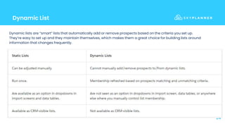 Dynamic List
24
Dynamic lists are “smart” lists that automatically add or remove prospects based on the criteria you set up.
They’re easy to set up and they maintain themselves, which makes them a great choice for building lists around
information that changes frequently.
 
