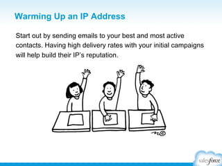 Warming Up an IP Address
Start out by sending emails to your best and most active
contacts. Having high delivery rates with your initial campaigns
will help build their IP’s reputation.

 