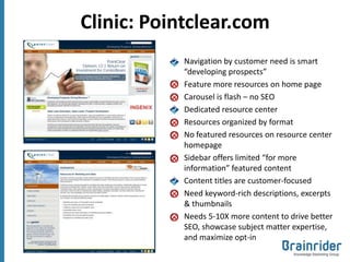 Clinic: Pointclear.com
            Navigation by customer need is smart
            “developing prospects”
            Feature more resources on home page
            Carousel is flash – no SEO
            Dedicated resource center
            Resources organized by format
            No featured resources on resource center
            homepage
            Sidebar offers limited “for more
            information” featured content
            Content titles are customer-focused
            Need keyword-rich descriptions, excerpts
            & thumbnails
            Needs 5-10X more content to drive better
            SEO, showcase subject matter expertise,
            and maximize opt-in
 