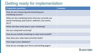 Getting ready for implementation 
Preparation questions 
Answers 
How are you measuring and evaluating your 
marketing success? 
What are the marketing tactics that you currently use (email marketing, paid search, webinars, live events, etc.)? 
What role does email play in your marketing? 
Are you using lead nurturing? 
How do you handle marketing-to-sales lead handoff? 
How does your sales team prioritize leads? 
How large is your database? 
How do you manage your forms and landing pages? 
11 
 
