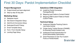 First 30 Days: Pardot Implementation Checklist 
Project Management 
Project kickoff and team alignment 
Step by step 30 day plan 
Marketing Setup 
Database Import 
Site Search Integration Setup 
Add-Ons & Connectors Setup 
Dedicated Email IP Setup 
Email Template Setup 
Form / Form Handler Setup 
Landing Page Setup 
14 
Salesforce CRM Integration 
Install the Pardot Connector Package/Bundle 
Mapping Lead Fields to Contact Fields2 
Mapping CRM Custom Fields to Pardot Custom Fields 
Technical Setup 
Implement Website Tracking Code to Log Visitor Activity 
Create Vanity Tracker Domain (CNAME) for Branded Pardot Hosted Links 
Implement Email Authentication for Email Deliverability Optimization 
Grant Permission to Use Your Custom Fonts on Pardot Assets  