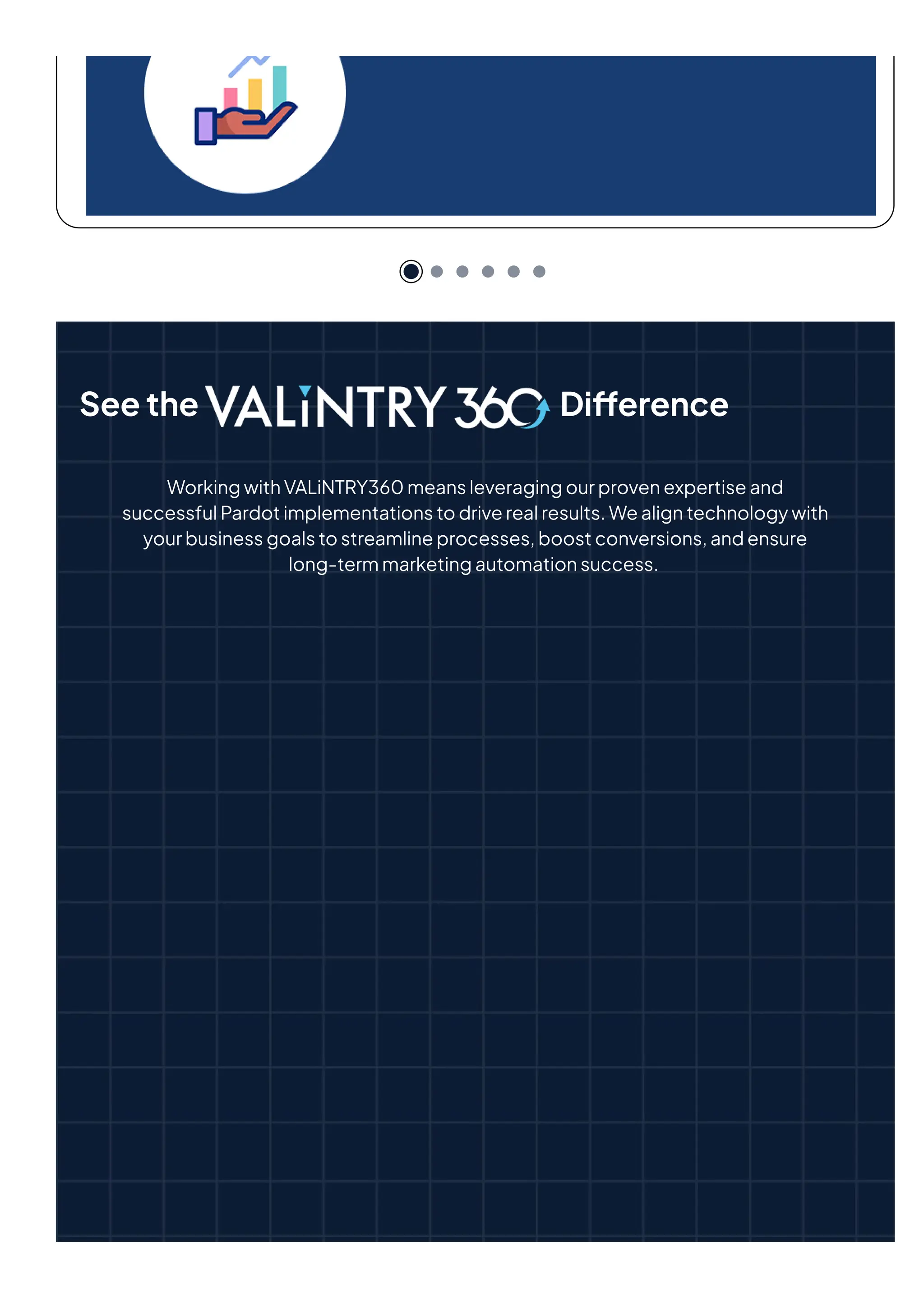 Seethe Difference
WorkingwithVALiNTRY360meansleveragingourprovenexpertiseand
successfulPardotimplementationstodriverealresults.Wealigntechnologywith
yourbusinessgoalstostreamlineprocesses,boostconversions,andensure
long-termmarketingautomationsuccess.
 