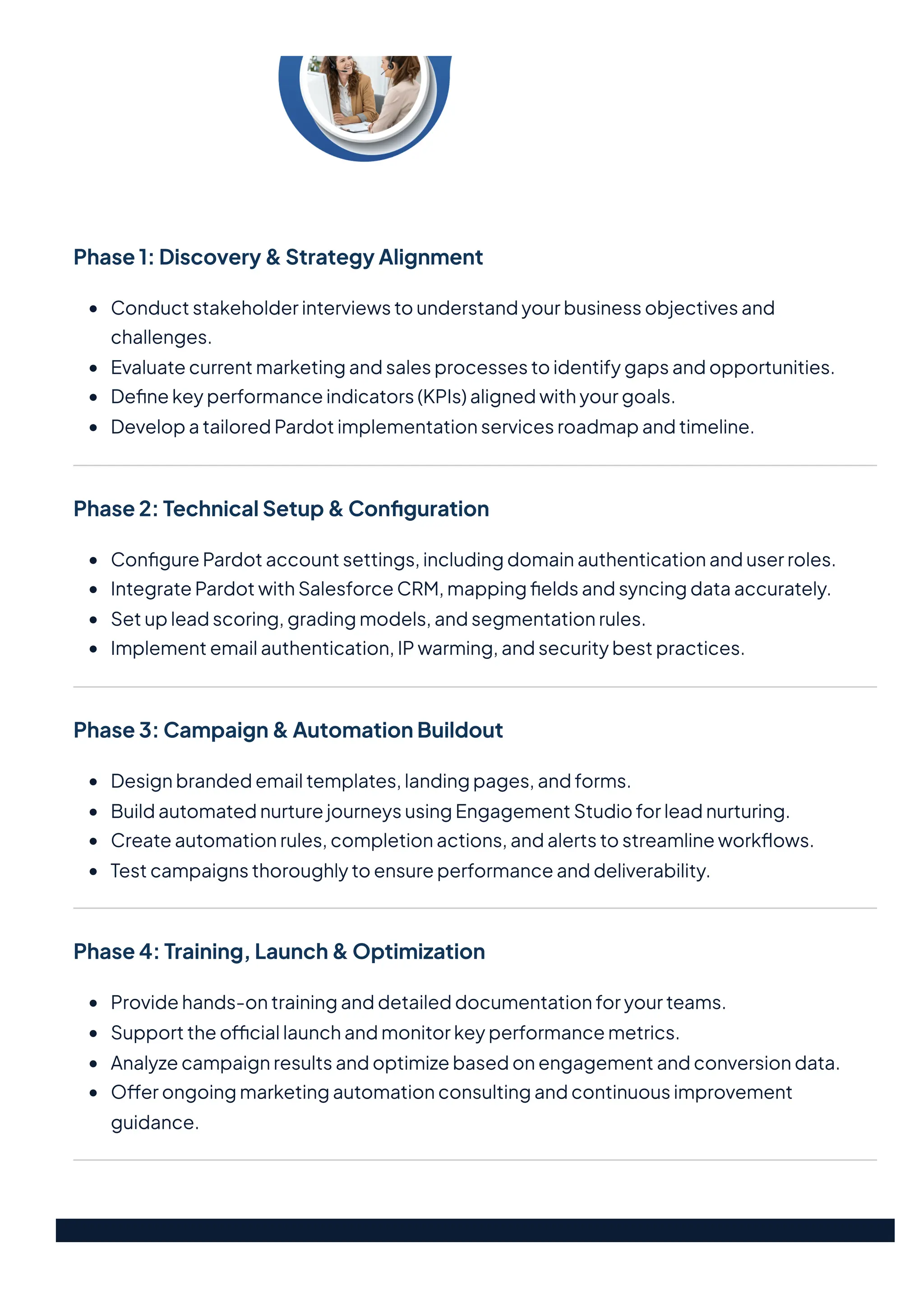 Phase1:Discovery&StrategyAlignment
Conductstakeholderinterviewstounderstandyourbusinessobjectivesand
challenges.
Evaluatecurrentmarketingandsalesprocessestoidentifygapsandopportunities.
Definekeyperformanceindicators(KPIs)alignedwithyourgoals.
DevelopatailoredPardotimplementationservicesroadmapandtimeline.
Phase2:TechnicalSetup&Configuration
ConfigurePardotaccountsettings,includingdomainauthenticationanduserroles.
IntegratePardotwithSalesforceCRM,mappingfieldsandsyncingdataaccurately.
Setupleadscoring,gradingmodels,andsegmentationrules.
Implementemailauthentication,IPwarming,andsecuritybestpractices.
Phase3:Campaign&AutomationBuildout
Designbrandedemailtemplates,landingpages,andforms.
BuildautomatednurturejourneysusingEngagementStudioforleadnurturing.
Createautomationrules,completionactions,andalertstostreamlineworkflows.
Testcampaignsthoroughlytoensureperformanceanddeliverability.
Phase4:Training,Launch&Optimization
Providehands-ontraininganddetaileddocumentationforyourteams.
Supporttheofficiallaunchandmonitorkeyperformancemetrics.
Analyzecampaignresultsandoptimizebasedonengagementandconversiondata.
Offerongoingmarketingautomationconsultingandcontinuousimprovement
guidance.
 