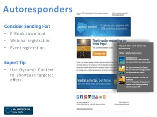 Autoresponders
Consider Sending For:
• E-Book download
• Webinar registration
• Event registration
Expert Tip
• Use Dynamic Content
to showcase targeted
oﬀers
 