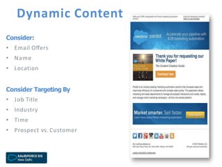 Dynamic Content
Consider:
• Email Oﬀers
• Name
• Location
Consider Targeting By
• Job Title
• Industry
• Time
• Prospect vs. Customer
 