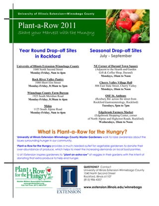 U n iv e r s it y o f Il lin o i s E x t en si o n —W in n eb a g o C o u n ty



 Plant-a-Row 2011
 Share your Harvest with the Hungry


  Year Round Drop-off Sites                                               Seasonal Drop-off Sites
        in Rockford                                                                   July - September

University of Illinois Extension-Winnebago County                             NE Corner of Durand Town Square
              1040 North Second Street                                         (Adjacent to the Hearth and Garden
           Monday-Friday, 9am to 4pm                                             Gift & Coffee Shop, Durand)
                                                                                   Mondays, 10am to Noon
             Rock River Valley Pantry
               1080 Short Elm Street                                                 Cherry Valley Village Hall
           Monday-Friday, 8:30am to 3pm                                           806 East State Street, Cherry Valley
                                                                                       Mondays, 10am to Noon
          Winnebago County Farm Bureau
             1925 South Meridian Road                                                  OSF St. Anthony
          Monday-Friday, 8:30am to 4pm                                         (Roxbury Rd. across the street from
                                                                              Rockford Gastroenterology, Rockford)
                       Midas                                                        Tuesdays, 5pm to 7pm
               1125 South Alpine Road
             Monday-Friday, 9am to 4pm                                           Edgebrook Farmers Market
                                                                             (Edgebrook Shopping Center, corner
                                                                        of North Alpine and Highcrest Roads, Rockford)
                                                                                 Wednesdays, 10am to Noon


                     What is Plant-a-Row for the Hungry?
· University of Illinois Extension-Winnebago County Master Gardeners work to raise awareness about the
  issues surrounding hunger in our community.

· Plant-a-Row for the Hungry provides a much needed outlet for vegetable gardeners to donate their
  over-abundance of produce, which helps to meet the increasing demands on local food pantries.

· U of I Extension inspires gardeners to “plant an extra row” of veggies in their gardens with the intent of
  donating that extra produce to help end hunger.


                                                                    QUESTIONS? Contact
                                                                    University of Illinois Extension-Winnebago County
                                                                    1040 North Second Street
                                                                    Rockford, Illinois 61107
                                                                    (815) 986-4357

                                                                    www.extension.illinois.edu/winnebago
 