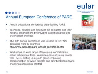 • Annual educational conference organised by PARE
• To inspire, educate and empower the delegates and their
national organisations by providing expert speakers and
sharing best practices
• The 19th annual conference was in Sofia 2016: >120
delegates from 33 countries -
http://www.eular.org/pare_annual_conference.cfm
• Workshops on wide range of topics e.g. comorbidities,
online educational tools, transition phase of young people
with RMDs, setting up a youth group, improving
communication between patients and their healthcare team,
changing perceptions of RMD
Annual European Conference of PARE
10 19/10/2016
 