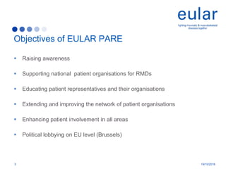  Raising awareness
 Supporting national patient organisations for RMDs
 Educating patient representatives and their organisations
 Extending and improving the network of patient organisations
 Enhancing patient involvement in all areas
 Political lobbying on EU level (Brussels)
Objectives of EULAR PARE
3 19/10/2016
 