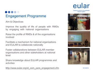 Aim & Objectives
Improve the quality of life of people with RMDs
by engaging with national organisations
Raise the profile of RMDs & of the organisations
involved
Facilitate a mechanism for national organisations
and EULAR to collaborate nationally
Foster collaborations between EULAR member
organisations and other stakeholders at national
level
Share knowledge about EULAR programmes and
activities
http://www.eular.org/st_com_pare_engagement.cfm
Engagement Programme
6 19/10/2016
 