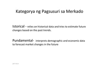 2017-8-31
Kategorya ng Pagsusuri sa Merkado
Istorical - relies on historical data and tries to estimate future
changes bas...