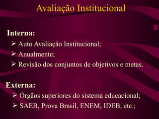 Avaliação Institucional Auto Avaliação Institucional; Anualmente; Revisão dos conjuntos de objetivos e metas. Interna: Externa: Órgãos superiores do sistema educacional; SAEB, Prova Brasil, ENEM, IDEB, etc.; 