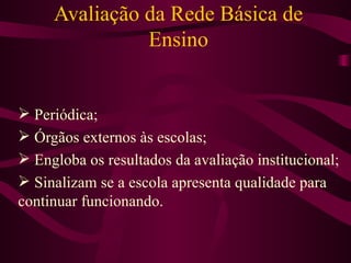 Avaliação da Rede Básica de Ensino Periódica; Órgãos externos às escolas; Engloba os resultados da avaliação institucional; Sinalizam se a escola apresenta qualidade para continuar funcionando. 