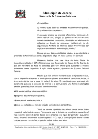 Município de Jacareí
Secretaria de Assuntos Jurídicos
d) investidura;
e) venda a outro órgão ou entidade da administração ...