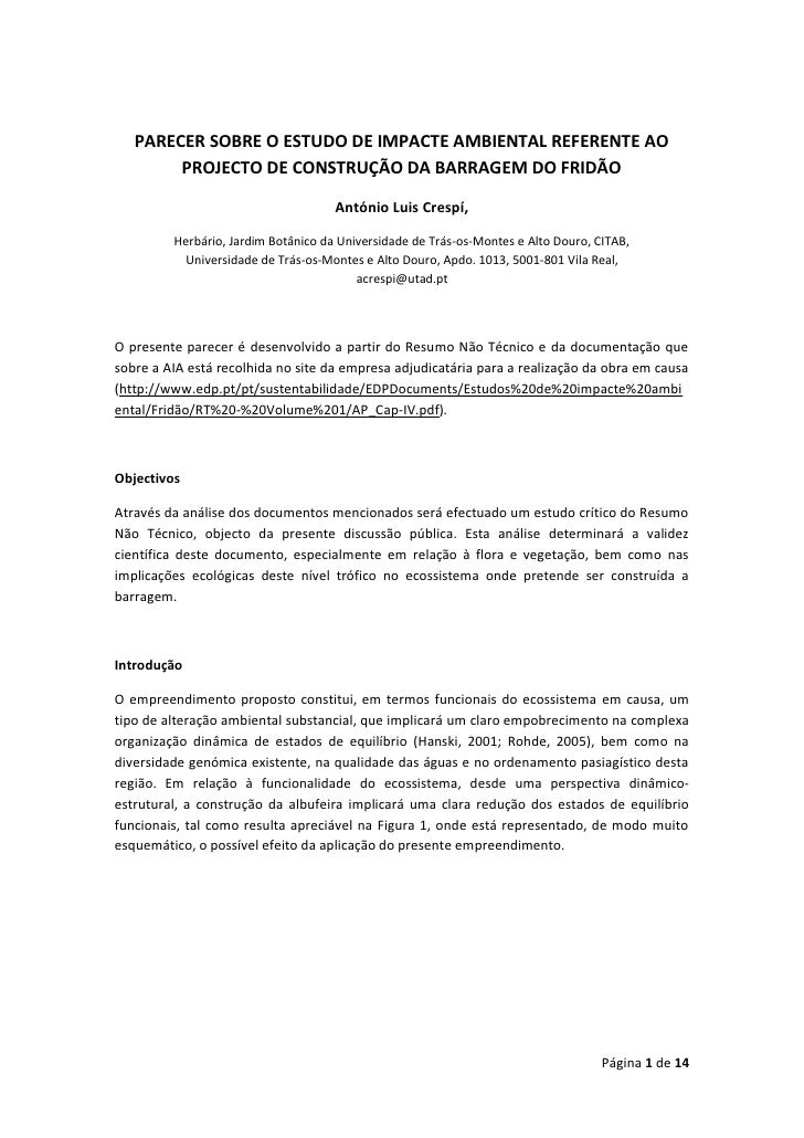 PARECER SOBRE O ESTUDO DE IMPACTE AMBIENTAL REFERENTE AO
        PROJECTO DE CONSTRUÇÃO DA BARRAGEM DO FRIDÃO

           ...