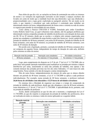 19
Para efeito do que diz a lei, as variações na forma de contratação nas redes ou sistemas
de ensino e as variações da organização curricular ou dos tempos e espaços escolares são
levados em conta de modo que a realidade local não seja distorcida e que seja obedecida a
proporcionalidade com a regra geral, explicitada no parágrafo anterior. De um modo ou de
outro, o que importa é considerar que cada professor é contratado para trabalhar um
determinado número de horas, independentemente da forma como o sistema ou rede de ensino
se organiza para atender às necessidades de seus alunos.
Como afirma o Parecer CNE/CEB nº 8/2004, formulado pelo então Conselheiro
Carlos Roberto Jamil Cury, ao qual voltaremos mais adiante, não há qualquer problema que
determinado sistema componha jornadas de trabalho de professores com duração da hora-aula
em 60, 50 ou 45 minutos, desde que as escolas e a própria rede estejam organizadas para
prestar aos estudantes a totalidade da carga horária a qual eles fazem jus. Assim, poderá haver
jornada de trabalho de 40 horas semanais, com aulas de 60 minutos; jornada de trabalho de 40
horas semanais, com aulas de 50 minutos; ou jornada de trabalho de 40 horas semanais, com
aulas de 45 minutos de duração.
De acordo com a legislação, portanto, a jornada de trabalho de 40 horas semanais deve
ser composta da seguinte forma, independente do tempo de duração de cada aula, definido
pelos sistemas ou redes de ensino:
Duração total da jornada Interação com estudantes Atividades extraclasse
40 horas semanais No máximo 2/3 da jornada No mínimo 1/3 da jornada
Logo, para cumprimento do disposto no § 4º do art. 2º da Lei nº 11.738/2008, não se
pode fazer uma grande operação matemática para multiplicar as jornadas por minutos e depois
distribuí-los por aulas, aumentando as aulas das jornadas de trabalho, mas apenas e tão
somente destacar das jornadas previstas nas leis dos entes federados, 1/3 (um terço) de cada
carga horária. Nesse sentido a lei não dá margem a outras interpretações.
Dito de outra forma: independentemente do número de aulas que os alunos obterão
durante um período de 40 horas semanais, a Lei nº 11.738/2008 se aplica a cada professor
individualmente. Por exemplo, numa jornada de 40 horas semanais, o professor realizará
26,66 horas de atividades com educandos e 13,33 horas de atividades extraclasse.
Os sistemas têm a liberdade de organizar seu tempo e o tempo de composição da
jornada de trabalho de cada professor, desde que não ultrapasse o teto de 40 horas semanais,
como determina o § 1º do art. 2º da Lei nº 11.738/2008. A aplicabilidade da lei, portanto, está
na jornada de trabalho do professor.
Assim, dando consequência ao que foi dito até o momento, a implantação da Lei nº
11.738/2008, no que diz respeito à composição da jornada de trabalho dos professores, deve
ser realizada em todos os sistemas e redes de ensino aplicando-se a seguinte tabela:
Duração total da
jornada
Interação com estudantes Atividades extraclasse
40 26,66 (*) 13,33
39 26,00 13,00
38 25,33 12,66
37 24,66 12,33
36 24,00 12,00
35 23,33 11,66
 