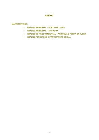 ANEXO I


MATRIZ SÍNTESE:
              ANÁLISE AMBIENTAL – PONTA DA TULHA
              ANÁLISE AMBIENTAL – ARITAGUÁ
              ANÁLISE DE RISCO AMBIENTAL – ARITAGUÁ E PONTA DA TULHA
              ANÁLISE PERCEPÇÃO E PARTICIPAÇÃO SOCIAL




                                 14
 