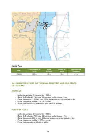 Navio Tipo
                 Comprimento do       Boca          Calado do      Profundidade
     DWT
                     Navio           do Navio         Navio         Dragagem
    170.000           300 m            46 m           18 m            -19 m




5.4. CARACTERÍSTICAS DO TERMINAL MARÍTIMO NOS DOIS SÍTIOS
ESTUDADOS:

ARITAGUÁ

     Molhe de Abrigo e Enrocamento: 1.700m;
     Bacia de Evolução: 700 m de diâmetro na profundidade -19m;
     Canal de Acesso: 1.500 m, com 200m de largura na profundidade -19m;
     Ponte de Acesso no Mar: 2.600m no mar;
     Ponte de travessia do rio Almada e da BA-001: 1.000m;


PONTA DA TULHA

     Molhe de Abrigo e Enrocamento: 1.700m;
     Bacia de Evolução: 700 m de diâmetro na profundidade -19m;
     Canal de Acesso: 200 m com 200 m de largura, na profundidade -19m;
     Ponte de Acesso no Mar: 2.350m no mar;
     Ponte de travessia da BA-001 = 400m.




                                      28
 