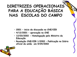 DIRETRIZES OPERACIONAIS
PARA A EDUCAÇÃO BÁSICA
NAS ESCOLAS DO CAMPO
• 2001 – inicio da discussão no CNE/CEB
• 4/12/2001 – aprovação no CNE
• 12/03/2002 - Homologação pelo Ministro da
Educação
• Resolução CNE/CEB 1/2002 – Publicação no Diário
oficial da união em 9/04/2002
 