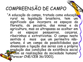 COMPREENSÃO DE CAMPO
“A educação do campo, tratada como educação
rural na legislação brasileira, tem um
significado que incorpora os espaços da
floresta, da pecuária, das minas e da
agricultura, mas os ultrapassa ao acolher em
si os espaços pesqueiros, caiçaras,
ribeirinhos e extrativistas. O campo neste
sentido é mais que um perímetro não-
urbano, é um campo de possibilidades que
dinamizam a ligação dos seres com a própria
produção das condições de existência social
e com as realizações da sociedade humana”
(Parecer CNE/CEB 36/2001).
 