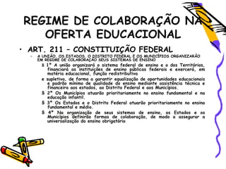 REGIME DE COLABORAÇÃO NA
OFERTA EDUCACIONAL
• ART. 211 – CONSTITUIÇÃO FEDERAL
– A UNIÃO, OS ESTADOS, O DISTRITO FEDERAL E OS MUNICÍPIOS ORGANIZARÃO
EM REGIME DE COLABORAÇÃO SEUS SISTEMAS DE ENSINO
§ 1º A união organizará o sistema federal de ensino e o dos Territórios,
financiará as instituições de ensino públicas federais e exercerá, em
matéria educacional, função redistributiva
e supletiva, de forma a garantir equalização de oportunidades educacionais
e padrão mínimo de qualidade do ensino mediante assistência técnica e
financeira aos estados, ao Distrito Federal e aos Municípios.
§ 2º Os Municípios atuarão prioritariamente no ensino fundamental e na
educação infantil.
§ 3º Os Estados e o Distrito Federal atuarão prioritariamente no ensino
fundamental e médio.
§ 4º Na organização de seus sistemas de ensino, os Estados e os
Municípios definirão formas de colaboração, de modo a assegurar a
universalização do ensino obrigatório
 