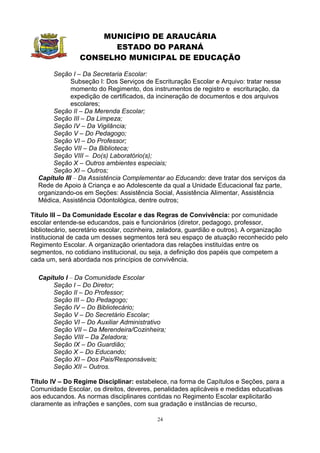 MUNICÍPIO DE ARAUCÁRIA
                       ESTADO DO PARANÁ
                 CONSELHO MUNICIPAL DE EDUCAÇÃO

       Seção I – Da Secretaria Escolar:
              Subseção I: Dos Serviços de Escrituração Escolar e Arquivo: tratar nesse
              momento do Regimento, dos instrumentos de registro e escrituração, da
              expedição de certificados, da incineração de documentos e dos arquivos
              escolares;
       Seção II – Da Merenda Escolar;
       Seção III – Da Limpeza;
       Seção IV – Da Vigilância;
       Seção V – Do Pedagogo;
       Seção VI – Do Professor;
       Seção VII – Da Biblioteca;
       Seção VIII – Do(s) Laboratório(s);
       Seção X – Outros ambientes especiais;
       Seção XI – Outros;
  Capítulo III – Da Assistência Complementar ao Educando: deve tratar dos serviços da
  Rede de Apoio à Criança e ao Adolescente da qual a Unidade Educacional faz parte,
  organizando-os em Seções: Assistência Social, Assistência Alimentar, Assistência
  Médica, Assistência Odontológica, dentre outros;

Título III – Da Comunidade Escolar e das Regras de Convivência: por comunidade
escolar entende-se educandos, pais e funcionários (diretor, pedagogo, professor,
bibliotecário, secretário escolar, cozinheira, zeladora, guardião e outros). A organização
institucional de cada um desses segmentos terá seu espaço de atuação reconhecido pelo
Regimento Escolar. A organização orientadora das relações instituídas entre os
segmentos, no cotidiano institucional, ou seja, a definição dos papéis que competem a
cada um, será abordada nos princípios de convivência.

  Capítulo I – Da Comunidade Escolar
       Seção I – Do Diretor;
       Seção II – Do Professor;
       Seção III – Do Pedagogo;
       Seção IV – Do Bibliotecário;
       Seção V – Do Secretário Escolar;
       Seção VI – Do Auxiliar Administrativo
       Seção VII – Da Merendeira/Cozinheira;
       Seção VIII – Da Zeladora;
       Seção IX – Do Guardião;
       Seção X – Do Educando;
       Seção XI – Dos Pais/Responsáveis;
       Seção XII – Outros.

Título IV – Do Regime Disciplinar: estabelece, na forma de Capítulos e Seções, para a
Comunidade Escolar, os direitos, deveres, penalidades aplicáveis e medidas educativas
aos educandos. As normas disciplinares contidas no Regimento Escolar explicitarão
claramente as infrações e sanções, com sua gradação e instâncias de recurso,

                                            24
 
