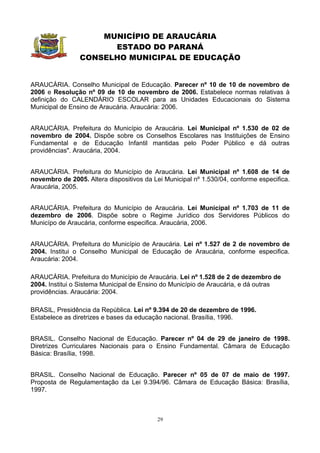 MUNICÍPIO DE ARAUCÁRIA
                      ESTADO DO PARANÁ
                CONSELHO MUNICIPAL DE EDUCAÇÃO


ARAUCÁRIA. Conselho Municipal de Educação. Parecer nº 10 de 10 de novembro de
2006 e Resolução nº 09 de 10 de novembro de 2006. Estabelece normas relativas à
definição do CALENDÁRIO ESCOLAR para as Unidades Educacionais do Sistema
Municipal de Ensino de Araucária. Araucária: 2006.


ARAUCÁRIA. Prefeitura do Município de Araucária. Lei Municipal nº 1.530 de 02 de
novembro de 2004. Dispõe sobre os Conselhos Escolares nas Instituições de Ensino
Fundamental e de Educação Infantil mantidas pelo Poder Público e dá outras
providências". Araucária, 2004.


ARAUCÁRIA. Prefeitura do Município de Araucária. Lei Municipal nº 1.608 de 14 de
novembro de 2005. Altera dispositivos da Lei Municipal nº 1.530/04, conforme especifica.
Araucária, 2005.


ARAUCÁRIA. Prefeitura do Município de Araucária. Lei Municipal nº 1.703 de 11 de
dezembro de 2006. Dispõe sobre o Regime Jurídico dos Servidores Públicos do
Municípo de Araucária, conforme especifica. Araucária, 2006.


ARAUCÁRIA. Prefeitura do Município de Araucária. Lei nº 1.527 de 2 de novembro de
2004. Institui o Conselho Municipal de Educação de Araucária, conforme especifica.
Araucária: 2004.

ARAUCÁRIA. Prefeitura do Município de Araucária. Lei nº 1.528 de 2 de dezembro de
2004. Institui o Sistema Municipal de Ensino do Município de Araucária, e dá outras
providências. Araucária: 2004.

BRASIL, Presidência da República. Lei nº 9.394 de 20 de dezembro de 1996.
Estabelece as diretrizes e bases da educação nacional. Brasília, 1996.


BRASIL. Conselho Nacional de Educação. Parecer nº 04 de 29 de janeiro de 1998.
Diretrizes Curriculares Nacionais para o Ensino Fundamental. Câmara de Educação
Básica: Brasília, 1998.


BRASIL. Conselho Nacional de Educação. Parecer nº 05 de 07 de maio de 1997.
Proposta de Regulamentação da Lei 9.394/96. Câmara de Educação Básica: Brasília,
1997.



                                           29
 