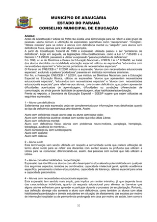 MUNICÍPIO DE ARAUCÁRIA
                  ESTADO DO PARANÁ
            CONSELHO MUNICIPAL DE EDUCAÇÃO
Análise:
Antes da Constituição Federal de 1988 não existia uma terminologia para se referir a este grupo de
pessoas, sendo comum a utilização de expressões pejorativas como “excepcionais”, “mongóis”,
“débeis mentais” para se referir a alunos com deficiência mental ou “aleijado” para alunos com
deficiência física, apenas para citar alguns exemplos.
A partir da Constituição Federal de 1988 a expressão utilizada passou a ser “portadores de
deficiência”. Logo em seguida, as legislações infra-constitucionais, como a Lei n.º 7.853/89 e o
Decreto n.º 3.298/99, passaram a utilizar a expressão “pessoa portadora de deficiência”.
Em 1996, a Lei de Diretrizes e Bases da Educação Nacional – LDBEN, Lei n.º 9.394/96, ao tratar
dos alunos atendidos na modalidade educação especial, utilizou as expressões “educandos com
necessidades especiais” e “educandos portadores de necessidades especiais”.
O Parecer do CNE/CEB n.º 17/2001 utilizou a expressão “alunos com necessidades educacionais
especiais”, excluindo a palavra “portadores” presente em institutos normativos anteriores.
Por fim, a Resolução CNE/CEB n.º 2/2001, que instituiu as Diretrizes Nacionais para a Educação
Especial na Educação Básica, utilizou as expressões “alunos que apresentem necessidades
educacionais especiais”, “educandos com necessidades especiais” e “alunos com necessidades
educacionais especiais” para referir-se aos alunos, com ou sem deficiência, que podem apresentar
dificuldades acentuadas de aprendizagem, dificuldades ou condições diferenciadas de
comunicação ou ainda grande facilidade de aprendizagem, altas habilidades/superdotação.
Frente ao exposto, a Secretaria de Educação Especial – SEESP sugere que sejam utilizadas as
seguintes expressões:

1 – Aluno com deficiência
Salientamos que esta expressão pode ser complementada por informações mais detalhadas quanto
ao tipo de deficiência apresentada pelo discente. Assim:

Aluno com deficiência visual: aluno cego ou aluno com baixa visão;
Aluno com deficiência auditiva: pessoa com surdez que não utiliza Libras;
Aluno com deficiência mental;
Aluno com deficiência física: alunos com problemas neuro-motores, paraplegia, hemiplegia,
tetraplegia, ausência de membros...
Aluno surdocego ou com surdocegueira;
Aluno com autismo;
Aluno com dislexia.

2 – Aluno surdo
Esta terminologia vem sendo utilizada em respeito a comunidade surda que prefere uitlização do
termo aluno surdo para se referir aos discentes com surdez severa ou profunda que utilizam a
Libras para se comunicar, diferenciando-se, assim, das pessoas com surdez que não utilizam a
Libras.

3 – Aluno com altas habilidades / superdotação
Expressão que identifica os alunos com alto desempenho e/ou elevada potencialidade em qualquer
dos seguintes aspectos, isolados ou combinados: capacidade intelectual geral, aptidão acadêmica
específica, pensamento criativo e/ou produtivo, capacidade de liderança, talento especial para artes
e capacidade psicomotora.

4 – Alunos com necessidades educacionais especiais
Esta expressão tem sentido mais amplo, pois implica um caráter interativo, já que depende tanto
das características individuais, quanto da resposta educacional para eliminar as barreiras que
alguns alunos enfrentam para aprender e participar durante o processo de escolarização. Portanto,
sua definição abrange não somente o aluno com deficiência, como também os alunos com altas
habilidades/superdotação e demais estudantes em situação de afastamento das escolas por motivo
de internação hospitalar ou de permanência prolongada em casa por motivo de saúde, bem como o


                                            32
 