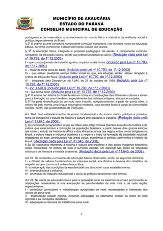 MUNICÍPIO DE ARAUCÁRIA
                  ESTADO DO PARANÁ
            CONSELHO MUNICIPAL DE EDUCAÇÃO
portuguesa e da matemática, o conhecimento do mundo físico e natural e da realidade social e
política, especialmente do Brasil.
§ 2º O ensino da arte constituirá componente curricular obrigatório, nos diversos níveis da educação
básica, de forma a promover o desenvolvimento cultural dos alunos.
§ 3o A educação física, integrada à proposta pedagógica da escola, é componente curricular
obrigatório da educação básica, sendo sua prática facultativa ao aluno: (Redação dada pela Lei
nº 10.793, de 1º.12.2003)
I – que cumpra jornada de trabalho igual ou superior a seis horas; (Incluído pela Lei nº 10.793,
de 1º.12.2003)
II – maior de trinta anos de idade; (Incluído pela Lei nº 10.793, de 1º.12.2003)
III – que estiver prestando serviço militar inicial ou que, em situação similar, estiver obrigado à
prática da educação física; (Incluído pela Lei nº 10.793, de 1º.12.2003)
IV – amparado pelo Decreto-Lei no 1.044, de 21 de outubro de 1969; (Incluído pela Lei nº
10.793, de 1º.12.2003)
V – (VETADO) (Incluído pela Lei nº 10.793, de 1º.12.2003)
VI – que tenha prole. (Incluído pela Lei nº 10.793, de 1º.12.2003)
§ 4º O ensino da História do Brasil levará em conta as contribuições das diferentes culturas e etnias
para a formação do povo brasileiro, especialmente das matrizes indígena, africana e européia.
§ 5º Na parte diversificada do currículo será incluído, obrigatoriamente, a partir da quinta série, o
ensino de pelo menos uma língua estrangeira moderna, cuja escolha ficará a cargo da comunidade
escolar, dentro das possibilidades da instituição.

Art. 26-A. Nos estabelecimentos de ensino fundamental e de ensino médio, públicos e privados,
torna-se obrigatório o estudo da história e cultura afro-brasileira e indígena. (Redação dada pela
Lei nº 11.645, de 2008).
§ 1o O conteúdo programático a que se refere este artigo incluirá diversos aspectos da história e da
cultura que caracterizam a formação da população brasileira, a partir desses dois grupos étnicos,
tais como o estudo da história da África e dos africanos, a luta dos negros e dos povos indígenas no
Brasil, a cultura negra e indígena brasileira e o negro e o índio na formação da sociedade nacional,
resgatando as suas contribuições nas áreas social, econômica e política, pertinentes à história do
Brasil. (Redação dada pela Lei nº 11.645, de 2008).
§ 2o Os conteúdos referentes à história e cultura afro-brasileira e dos povos indígenas brasileiros
serão ministrados no âmbito de todo o currículo escolar, em especial nas áreas de educação
artística e de literatura e história brasileiras. (Redação dada pela Lei nº 11.645, de 2008).

Art. 27. Os conteúdos curriculares da educação básica observarão, ainda, as seguintes diretrizes:
I - a difusão de valores fundamentais ao interesse social, aos direitos e deveres dos cidadãos, de
respeito ao bem comum e à ordem democrática;
II - consideração das condições de escolaridade dos alunos em cada estabelecimento;
III - orientação para o trabalho;
IV - promoção do desporto educacional e apoio às práticas desportivas não-formais.

Art. 28. Na oferta de educação básica para a população rural, os sistemas de ensino promoverão as
adaptações necessárias à sua adequação às peculiaridades da vida rural e de cada região,
especialmente:
I - conteúdos curriculares e metodologias apropriadas às reais necessidades e interesses dos
alunos da zona rural;
II - organização escolar própria, incluindo adequação do calendário escolar às fases do ciclo
agrícola e às condições climáticas;
III - adequação à natureza do trabalho na zona rural.



                                             6
 