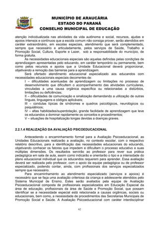 MUNICÍPIO DE ARAUCÁRIA
                      ESTADO DO PARANÁ
                CONSELHO MUNICIPAL DE EDUCAÇÃO

atenção individualizada nas atividades da vida autônoma e social, recursos, ajudas e
apoios intensos e contínuos que a escola comum não consiga prover, serão atendidos em
caráter extraordinário, em escolas especiais, atendimento que será complementado,
sempre que necessário e articuladamente, pelos serviços de Saúde, Trabalho e
Promoção Social, Cultura, Esporte e Lazer, sob a responsabilidade do município, de
forma gratuita.
       As necessidades educacionais especiais são aquelas definidas pelas condições de
aprendizagem apresentadas pelo educando, em caráter temporário ou permanente, bem
como pelos recursos e apoios que a Unidade Educacional deverá proporcionar,
objetivando a remoção das barreiras para a aprendizagem.
       Será ofertado atendimento educacional especializado aos educandos com
necessidades educacionais especiais decorrentes de:
       I – dificuldades acentuadas de aprendizagem ou limitações no processo de
       desenvolvimento que dificultem o acompanhamento das atividades curriculares,
       vinculadas a uma causa orgânica específica ou relacionadas a distúrbios,
       limitações ou deficiências;
       II – dificuldades de comunicação e sinalização demandando a utilização de outras
       línguas, linguagens e códigos aplicáveis;
       III – condutas típicas de síndromes e quadros psicológicos, neurológicos ou
       psiquiátricos;
       IV – altas habilidades/superdotação, grande facilidade de aprendizagem que leve
       os educandos a dominar rapidamente os conceitos e procedimentos;
       V – situações de hospitalização longas devidas a doenças graves.


2.2.1.4 REALIZAÇÃO DA AVALIAÇÃO PSICOEDUCACIONAL

        Antecedendo o encaminhamento formal para a Avaliação Psicoeducacional, as
Unidades Educacionais realizarão a avaliação, no contexto escolar, com o respectivo
relatório descritivo, para a identificação das necessidades educacionais do educando,
objetivando conhecer os fatores que impedem e dificultam o processo educativo e suas
múltiplas dimensões. Os resultados servirão ao professor para rever sua prática
pedagógica em sala de aula, assim como indicarão e orientarão o tipo e a intensidade do
plano educacional individual que os educandos requerem para aprender. Essa avaliação
deverá ser realizada pelo professor, com o apoio da equipe pedagógica ou de professor
especializado, podendo contar, ainda, com profissionais dos serviços especializados
sempre que necessário.
        Para encaminhamento ao atendimento especializado (serviços e apoios) é
necessário que se faça uma avaliação criteriosa da criança e adolescente atendidos pelo
Sistema Municipal de Ensino. Estes serão avaliados pela equipe de Avaliação
Psicoeducacional composta de profissionais especializados em Educação Especial da
área de educação, profissionais da área de Saúde e Promoção Social, que possam
identificar se a necessidade especial está relacionada a causas orgânicas, sociais ou
educacionais, bem como, a necessidade de procedimentos das Secretarias Municipais de
Promoção Social e Saúde. A Avaliação Psicoeducacional com caráter interdisciplinar

                                          62
 
