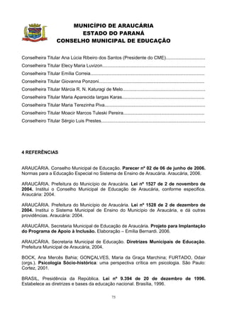 MUNICÍPIO DE ARAUCÁRIA
                             ESTADO DO PARANÁ
                       CONSELHO MUNICIPAL DE EDUCAÇÃO


Conselheira Titular Ana Lúcia Ribeiro dos Santos (Presidente do CME)...............................
Conselheira Titular Elecy Maria Luvizon.................................................................................
Conselheira Titular Emília Correia..........................................................................................
Conselheira Titular Giovanna Ponzoni...................................................................................
Conselheira Titular Márcia R. N. Katuragi de Melo.................................................................
Conselheira Titular Maria Aparecida Iargas Karas.................................................................
Conselheira Titular Maria Terezinha Piva...............................................................................
Conselheiro Titular Moacir Marcos Tuleski Pereira................................................................
Conselheiro Titular Sérgio Luis Prestes..................................................................................




4 REFERÊNCIAS


ARAUCÁRIA. Conselho Municipal de Educação. Parecer nº 02 de 06 de junho de 2006.
Normas para a Educação Especial no Sistema de Ensino de Araucária. Araucária, 2006.

ARAUCÁRIA. Prefeitura do Município de Araucária. Lei nº 1527 de 2 de novembro de
2004. Institui o Conselho Municipal de Educação de Araucária, conforme especifica.
Araucária: 2004.

ARAUCÁRIA. Prefeitura do Município de Araucária. Lei nº 1528 de 2 de dezembro de
2004. Institui o Sistema Municipal de Ensino do Município de Araucária, e dá outras
providências. Araucária: 2004.

ARAUCÁRIA. Secretaria Municipal de Educação de Araucária. Projeto para Implantação
do Programa de Apoio à Inclusão. Elaboração – Emília Bernardi. 2006.

ARAUCÁRIA. Secretaria Municipal de Educação. Diretrizes Municipais de Educação.
Prefeitura Municipal de Araucária, 2004.

BOCK, Ana Mercês Bahia; GONÇALVES, Maria da Graça Marchina; FURTADO, Odair
(orgs.). Psicologia Sócio-histórica: uma perspectiva crítica em psicologia. São Paulo:
Cortez, 2001.

BRASIL, Presidência da República. Lei nº 9.394 de 20 de dezembro de 1996.
Estabelece as diretrizes e bases da educação nacional. Brasília, 1996.

                                                            75
 