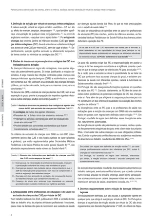 2
2012//34(2):01SAÚDEINFANTILSETEMBRO
Os critérios de exclusão de crianças com DIAB ou com DIC poten-
cialmente graves das CJIE e dos locais públicos de lazer (piscinas
e ginásios), que estão regulamentados pelas Sociedades Médicas
Pediátricas e de Saúde Pública de outros países (Quadro II) (3-8)
, são
abordados separadamente neste número da Saúde Infantil (6)
.
Quadro II • Resumo das indicações para exclusão de crianças com DIC
das CJIE ou dos espaços de lazer (3-8)
.
A – Doenças que, na interpretação do profissional de educação, impeçam
a participação confortável da criança nas atividades do grupo.
B – Doenças que exigem mais cuidados para a criança doente do que o
staff da instituição pode proporcionar, com risco de comprometer a
saúde e segurança das restantes crianças.
C – Doenças com risco acrescido de contágio e de consequente doença
às restantes crianças (que constam em Decreto-Lei).
D – Presença de sinais e/ou sintomas cuja intensidade ou potencial
gravidade exijam cuidados médicos e/ou vigilância apertada.
3. Ambiguidades entre profissionais de educação e de saúde na
exclusão de crianças das CJIE por virtude de DIC
Num trabalho realizado nos EUA, publicado em 2008, a vontade de não
faltar ao trabalho e/ou às próprias atividades profissionais / escolares,
pesou mais na decisão dos pais de recorrerem aos cuidados de saúde
Parecer jurídico sobre evicção das creches, jardins-de-infância, escolas e piscinas colectivas por virtude de doenças infecto-contagiosas
1. Definição de evicção por virtude de doenças infetocontagiosas
A palavra evicção poderá ter origem no latim «evictiõne – S.f. Jur. ato
ou efeito de evencer, despojar, desapossar» (1,2)
, que também signifi-
cava «recuperação de qualquer coisa por julgamento» (2)
, ou provir do
anglicismo «evictar», «expulsar com o apoio da lei» (1)
. Por evicção de
crianças das creches, jardins de infância e escolas (CJIE) por doen-
ças infetocontagiosas (DIC) deverá entender-se «afastamento legal
dos alunos de uma CJIE por motivo DIC, sem dar lugar a faltas» (2)
. Es-
pecificamente, evicção significa exclusão ou afastamento temporário
de forma a evitar ou minimizar os contágios das DIC (1-7)
.
2. Razões do insucesso na prevenção dos contágios das DIC e as
indicações para a evicção:
As doenças infeciosas em regra são contagiosas, mas apenas algu-
mas são potencialmente graves. Só estas justificarão a evicção sis-
temática. A larga maioria das infeções contraídas pelas crianças são
doenças infeciosas agudas benignas (DIAB) e autolimitadas e cursam
com sintomas que não justificam a sua exclusão das crianças de locais
públicos, por razões de saúde, tanto para as mesmas como para os
conviventes (3-10)
.
No decurso das DIAB, a retirada de crianças doentes das CJIE, nem a sua
separação do grupo, previne a propagação dos respetivos agentes infecio-
sos às outras crianças e adultos conviventes (Quadro I) (2-11)
.
Quadro I • Razões do insucesso na prevenção dos contágios de agentes infe-
ciosos de DIC pela exclusão de crianças com DIAB das CJIE 6-9,11
:
por doenças agudas banais dos filhos, do que as reais preocupações
com o estado de saúde deles (12)
.
No caso de discordância de opiniões entre os pais e os profissionais
de educação (PE) das creches, jardins de infância e escolas, as So-
ciedades Médicas Pediátricas e de Saúde Pública dos diversos países
defendem a posição dos PE.
Se os pais e os PE das CJIE discordarem nas razões para a exclusão, e
estas assentarem ou nas capacidades da criança para participar ou na
disponibilidade desses profissionais em assegurar as atividades educativas
às restantes crianças, os PE são soberanos na sua decisão (4,5,10)
.
Os pais não poderão exigir dos PE a responsabilidade em aceitar a
criança e de lhes assegurar os cuidados e a vigilância, durante o perí-
odo em que a criança cumpre os critérios dos PE para a exclusão (4,5,10)
.
Se a razão para a exclusão se dever à possibilidade de se tratar de
DIC que ponha em risco as outras crianças do grupo, e existirem pro-
fissionais de saúde com diferentes opiniões, caberá à Autoridade de
Saúde concelhia a decisão final (4,5,10)
.
Em Portugal não são asseguradas formações regulares em questões
de saúde aos PE (13)
. Contudo, diariamente, os PE têm de tomar de-
cisões sobre problemas de potenciais contágios de DIC das crianças
entre si. Para além de que a higiene e a segurança das crianças e do
PE constituem um dos critérios de qualidade na avaliação das creches
e jardins de infância (14)
.
As divergências entre os PE, pais e os profissionais de saúde nas
indicações para a evicção das crianças com DIAB são uma realidade
diária em países com regras bem definidas sobre evicção (15-19)
. Em
Portugal, e na falta de regras bem definidas, essas divergências esta-
rão, naturalmente, potenciadas.
As divergências de opinião são patenteadas por anseios, razões e postu-
ras frequentemente antagónicas dos pais, entre o bem-estar dos próprios
filhos, o bem-estar das outras crianças e as suas obrigações profissio-
nais. E ainda os potenciais conflitos laborais e/ou académicos resultantes
do absentismo ao trabalho, resultantes das DIAB dos filhos (12,16)
.
Em países com regras bem definidas de evicção escolar (3-8)
, por cada
criança justificadamente excluída dos infantários por DIC, outras 6
crianças são indevidamente excluídas (15)
.
Em Portugal, na ausência de regras bem definidas, elaboradas
por peritos, a relação exclusão indevida / exclusão adequada será
substancialmente maior.
Da evicção despropositada resultarão desnecessários absentismos ao
trabalho pelos pais, eventuais conflitos laborais, que poderão culminar
num eventual prejuízo no precário emprego, assim como consequên-
cias socioeconómicas em cadeia: despesas inúteis em saúde, consu-
mismos em serviços de saúde, absentismo à escola, etc. (6,12,17,19)
.
4. Decretos regulamentares sobre evicção de doenças infetocon-
tagiosas
Em situações bem definidas, que são poucas, é a própria lei vigente em
qualquer país, que obriga à evicção por virtude de DIC. Em Portugal as
doenças e os períodos de evicção escolar por virtude de DIC são ainda
regulamentos pelo Decreto-Regulamentar nº 3/95, do «Diário da Repú-
Os contágios de muitos dos agentes infeciosos:
• Precedem de 1 a 3 dias o início dos sinais e/ou sintomas (6-9,11)
• Prolongam-se por dias a semanas para além da resolução dos
sinais e/ou sintomas (6-8,11)
• Provêm também dos conviventes assintomáticos que ficaram
transitoriamente portadores-sãos (6-8,11)
.
 