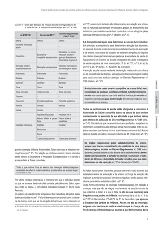 5
2012//34(2):01SAÚDEINFANTILSETEMBRO
Parecer jurídico sobre evicção das creches, jardins-de-infância, escolas e piscinas colectivas por virtude de doenças infecto-contagiosas
art.º 3º, assim como também são diferenciados em relação aos primei-
ros e à natureza das doenças em causa os prazos do afastamento dos
indivíduos que coabitem ou tenham contactos com os atingidos pelas
doenças referidas no seu art.º 2º (ibidem, art.º 4º).
6.4. Competências legais para determinar a evicção dum indivíduo:
Em princípio, a competência para determinar a evicção dos discentes,
do pessoal docente e não docente dos estabelecimentos de educação
e de ensino, nos casos de suspeita de estarem atingidos por alguma
das citadas doenças transmissíveis pertence à autoridade de saúde do
Agrupamento de Centros de Saúde (delegados de saúde e delegados
de saúde adjuntos de nível municipal (n.º 5 do art.º 3º, n.º 3, al. a), do
art.º 5º e art.º 8º do D.L. n.º 82/2009, de 2 de abril).
A evicção escolar cessa mediante declaração médica de cura clínica
ou de inexistência de doença, sem prejuízo dos prazos legais fixados
para cada uma das aludidas doenças no Decreto Regulamentar n.º
3/95 (ibidem, art.º 3º).
A evicção escolar cessa uma vez cumpridos os prazos da lei, sem
necessidade de qualquer justificação médica a atestar da mesma,
exceto nos casos que em que uma eventual medicação encurte os
respetivos períodos ou para a interrupção da mesma evicção por cura
ou inexistência da doença.
Todos os profissionais de saúde estão obrigados a comunicar à
Autoridade de Saúde concelhia todos os casos de que tenham
conhecimento no exercício da sua atividade e que tenham relevo
para efeitos de aplicação do Decreto Regulamentar n.º 3/95 (ibid.,
art.º 4º). Os médicos que, no exercício da sua profissão, suspeitem ou
confirmem a existência das doenças atrás mencionadas entre os su-
jeitos escolares que temos vindo a tratar devem comunicá-lo à Autori-
dade de Saúde concelhia, no prazo máximo de 48 horas (ibid. art.º 5º).
Os órgãos responsáveis pelos estabelecimentos de ensino,
sempre que tiverem conhecimento da existência de uma doença
infetocontagiosa, incluída no Decreto Regulamentar n.º 3/95, entre
discentes, pessoal docente ou não docente de tal estabelecimento, devem
afastar provisoriamente o portador da doença e comunicar o facto,
dentro de 24 horas, à Autoridade de Saúde concelhia, para que estes
determinem ou não a evicção (art.º 7º do Decreto-Lei nº 89/77).
As faltas dadas pelos discentes, pessoal docente e não docente dos
estabelecimentos de educação e de ensino por força da evicção não
implicam a perda de quaisquer direitos ou regalias, tendo apenas rele-
vância para efeitos estatísticos (ibid. art.º 9º).
Outra forma preventiva de doenças infetocontagiosas em relação a
crianças, mas que não se integra propriamente na evicção escolar de
que estamos a tratar, é a que é feita no ato da sua inscrição para
frequência nos jardins de infância, nos termos da al. d) do n.º 4 do
art.º 22º do Decreto-Lei nº 542/79, de 31 de dezembro, que aprovou
o Estatuto dos jardins de infância. Assim, no ato da inscrição,
exige-se uma declaração médica referindo que a criança não so-
fre de doença infetocontagiosa, quando o que tal normativo devia
Lei 2109/1961 Decreto-Lei 89/77
Decreto Regulamentar
3/95-27.01.95
Difteria Difteria Difteria
Encefalite Infecciosa
aguda
- -
Escarlatina
Escarlatina +
Amigdalite estreptocócica
Escarlatina + e outras
infecções nasofarín-
geas por Estreptococo
β-hemolítico do grupo A
Meningite cérebro-
-espinhal epidémica
Meningite meningocócica
Infecções meningocóci-
cas-meningite e sépsis
Poliomielite Poliomielite Poliomielite
Rubéola Rubéola Rubéola
Sarampo Sarampo Sarampo
Tinha Tinha Tinha
Tosse convulsa Tosse convulsa Tosse convulsa
Tracoma - -
Trasorelho Parotidite epidémica Parotidite epidémica
Varicela Varicela Varicela
Varíola Varíola -
Hepatites infecciosas Hepatites A e B
Febres tifóide e parati-
fóide
Febres tifóide e
paratifóide
Hepatites infecciosas Impétigo Impétigo
Pediculose -
Sarna -
Tuberculose pulmonar Tuberculose pulmonar
guintes doenças: Difteria, Poliomielite, Tosse convulsa e Infeções me-
ningócicas (art.º 2º). Em relação ao diploma anterior, foram retiradas
deste elenco a Escarlatina e Amigdalite Estreptocócica e a Varíola e
acrescentada a Tosse convulsa».
Tudo o que estiver fora do elenco das doenças infetocontagiosas
acabadas de referir é matéria alheia à problemática da evicção legal.*
ver comentário a) em rodapé
Por último contacto entende-se o momento em que o indivíduo doente
ou que vai adoecer dentro de dias contacte pela última vez (falou, aper-
tou a mão ou beijou…) com outros indivíduos (Circular n.º 45/79, GDG
Pessoal).
Os prazos de afastamento temporário dos indivíduos atingidos pelas
doenças citadas no art.º 1º são diferenciados de acordo com a nature-
za da doença com que se foi atingido de harmonia com o disposto no
Quadro IV • Lista das doenças de evicção escolar consignadas na lei	
A partir de 1961 e, respectivas modificações, em 1977 e 1995:
a) Exceção feita à invocação dos poderes conferidos pela função de Autorida-
de de Saúde.
 