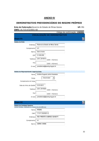 32
ANEXO IV
DEMONSTRATIVO PREVIDENCIÁRIO DO REGIME PRÓPRIO
Ente da Federação:Governo do Estado de Minas Gerais UF: MG
CNPJ: 18.715.615/0001-60
Código de confirmação: 156501
VISUALIZAÇÃO DO DEMONSTRATIVO
Etapa 01
Dados do Ente
Endereço Rodovia do Estado de Minas Gerais
Complemento s/n
Bairro Serra Verde
CEP 31.630-090
Telefone (031) 39156136
(DDD + Número)
Fax
(DDD + Número)
E-mail presidencia@ipsemg.mg.gov.br
Dados do Representante Legal do Ente
Nome Antônio Augusto Junho Anastasia
Cargo Governador
Complemento do Cargo
Data de Início da Gestão 01/01/2011
Telefone (031) 39159208
(DDD + Número)
Fax
(DDD + Número)
E-mail presidencia@ipsemg.mg.gov.br
Etapa 02
Dados da Unidade Gestora
(como fundos, institutos ou caixas de previdência)
Nome IPSEMG
CNPJ 17.217.332/0001-25
Endereço RDV PREFEITO AMERICO GIANETTI
Complemento sn
Bairro SERRA VERDE
 