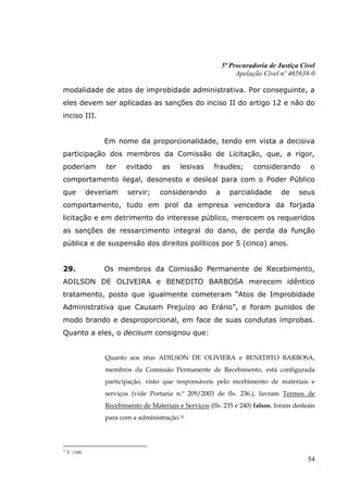 5ª Procuradoria de Justiça Cível
                                                                    Apelação Cível nº 465638-0

modalidade de atos de improbidade administrativa. Por conseguinte, a
eles devem ser aplicadas as sanções do inciso II do artigo 12 e não do
inciso III.


                    Em nome da proporcionalidade, tendo em vista a decisiva
participação dos membros da Comissão de Licitação, que, a rigor,
poderiam             ter   evitado      as    lesivas     fraudes;        considerando       o
comportamento ilegal, desonesto e desleal para com o Poder Público
que             deveriam   servir;     considerando        a     parcialidade      de    seus
comportamento, tudo em prol da empresa vencedora da forjada
licitação e em detrimento do interesse público, merecem os requeridos
as sanções de ressarcimento integral do dano, de perda da função
pública e de suspensão dos direitos políticos por 5 (cinco) anos.


29.                 Os membros da Comissão Permanente de Recebimento,
ADILSON DE OLIVEIRA e BENEDITO BARBOSA merecem idêntico
tratamento, posto que igualmente cometeram “Atos de Improbidade
Administrativa que Causam Prejuízo ao Erário”, e foram punidos de
modo brando e desproporcional, em face de suas condutas ímprobas.
Quanto a eles, o decisum consignou que:


                    Quanto aos réus ADILSON DE OLIVIERA e BENEDITO BARBOSA,
                    membros da Comissão Permanente de Recebimento, está configurada
                    participação, visto que responsáveis pelo recebimento de materiais e
                    serviços (vide Portaria n.º 209/2003 de fls. 236.), lavram Termos de
                    Recebimento de Materiais e Serviços (fls. 235 e 240) falsos, foram desleais
                    para com a administração.31



31
     F. 1340.
                                                                                            54
 