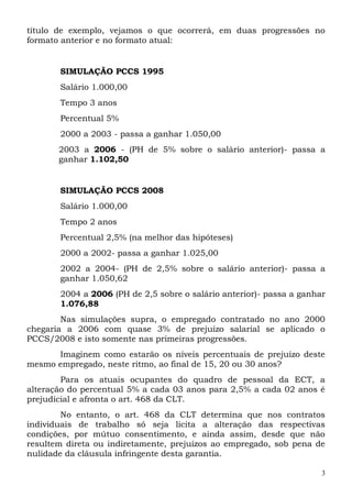 título de exemplo, vejamos o que ocorrerá, em duas progressões no
formato anterior e no formato atual:


       SIMULAÇÃO PCCS 1995
       Salário 1.000,00
       Tempo 3 anos
       Percentual 5%
       2000 a 2003 - passa a ganhar 1.050,00
       2003 a 2006 - (PH de 5% sobre o salário anterior)- passa a
       ganhar 1.102,50


       SIMULAÇÃO PCCS 2008
       Salário 1.000,00
       Tempo 2 anos
       Percentual 2,5% (na melhor das hipóteses)
       2000 a 2002- passa a ganhar 1.025,00
       2002 a 2004- (PH de 2,5% sobre o salário anterior)- passa a
       ganhar 1.050,62
       2004 a 2006 (PH de 2,5 sobre o salário anterior)- passa a ganhar
       1.076,88
        Nas simulações supra, o empregado contratado no ano 2000
chegaria a 2006 com quase 3% de prejuízo salarial se aplicado o
PCCS/2008 e isto somente nas primeiras progressões.
      Imaginem como estarão os níveis percentuais de prejuízo deste
mesmo empregado, neste ritmo, ao final de 15, 20 ou 30 anos?
        Para os atuais ocupantes do quadro de pessoal da ECT, a
alteração do percentual 5% a cada 03 anos para 2,5% a cada 02 anos é
prejudicial e afronta o art. 468 da CLT.
        No entanto, o art. 468 da CLT determina que nos contratos
individuais de trabalho só seja licita a alteração das respectivas
condições, por mútuo consentimento, e ainda assim, desde que não
resultem direta ou indiretamente, prejuízos ao empregado, sob pena de
nulidade da cláusula infringente desta garantia.

                                                                      3
 