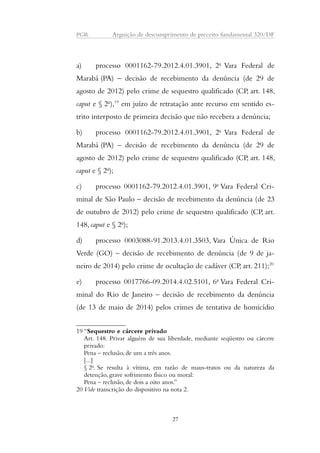 PGR Arguição de descumprimento de preceito fundamental 320/DF 
a) processo 0001162-79.2012.4.01.3901, 2a Vara Federal de 
Marabá (PA) – decisão de recebimento da denúncia (de 29 de 
agosto de 2012) pelo crime de sequestro qualificado (CP, art. 148, 
caput e § 2o),19 em juízo de retratação ante recurso em sentido es-trito 
interposto de primeira decisão que não recebera a denúncia; 
b) processo 0001162-79.2012.4.01.3901, 2a Vara Federal de 
Marabá (PA) – decisão de recebimento da denúncia (de 29 de 
agosto de 2012) pelo crime de sequestro qualificado (CP, art. 148, 
caput e § 2o); 
c) processo 0001162-79.2012.4.01.3901, 9a Vara Federal Cri-minal 
de São Paulo – decisão de recebimento da denúncia (de 23 
de outubro de 2012) pelo crime de sequestro qualificado (CP, art. 
148, caput e § 2o); 
d) processo 0003088-91.2013.4.01.3503, Vara Única de Rio 
Verde (GO) – decisão de recebimento de denúncia (de 9 de ja-neiro 
de 2014) pelo crime de ocultação de cadáver (CP, art. 211);20 
e) processo 0017766-09.2014.4.02.5101, 6a Vara Federal Cri-minal 
do Rio de Janeiro – decisão de recebimento da denúncia 
(de 13 de maio de 2014) pelos crimes de tentativa de homicídio 
19 “Sequestro e cárcere privado 
Art. 148. Privar alguém de sua liberdade, mediante seqüestro ou cárcere 
privado: 
Pena – reclusão, de um a três anos. 
[...] 
§ 2o. Se resulta à vítima, em razão de maus-tratos ou da natureza da 
detenção, grave sofrimento físico ou moral: 
Pena – reclusão, de dois a oito anos.” 
20 Vide transcrição do dispositivo na nota 2. 
27 
 