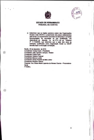• • 1 '
(
o
ESTADO DE PERNAMBUCO
TRIBUNAL DE CONTAS
o) Determinar que os órgãos, parceiros exüanl das Organizaçães
Sociais e das OSCIPs o cumprimento dos prazos estabelecidos
para enviar os requerimentos (munidos da adequada e completa
documentação) de renovação de sua quakficação, em
observância ao disposto no art. 27-A cia Lei Estadual
Q
11.74312000, que determina que a cada dois anos as
entidades qualificadas como Organização Social ou OSCIP
deverão fazer a renovação da titulação.
Recife, 20 de dezembro de 2013.
Conselheira Teresa Duere - Presidente
Conselheiro João Carneiro Campos - Relator
Conselheiro Carlos Porto
Conselheiro Valdecir Pascoal
Conselheiro Marcos Loreto
Conselheiro Dirceu Rodolfo de MeIo Júnior
Conselheiro Ranilson Ramos
Presente: Ora. Eliana Mana Lapenda de Moraes Guerra - Procuradora-
Geral.
FT/CMCL
3
 