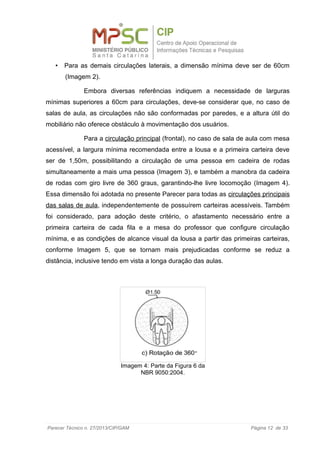 • Para as demais circulações laterais, a dimensão mínima deve ser de 60cm
(Imagem 2).
Embora diversas referências indiquem a necessidade de larguras
mínimas superiores a 60cm para circulações, deve-se considerar que, no caso de
salas de aula, as circulações não são conformadas por paredes, e a altura útil do
mobiliário não oferece obstáculo à movimentação dos usuários.
Para a circulação principal (frontal), no caso de sala de aula com mesa
acessível, a largura mínima recomendada entre a lousa e a primeira carteira deve
ser de 1,50m, possibilitando a circulação de uma pessoa em cadeira de rodas
simultaneamente a mais uma pessoa (Imagem 3), e também a manobra da cadeira
de rodas com giro livre de 360 graus, garantindo-lhe livre locomoção (Imagem 4).
Essa dimensão foi adotada no presente Parecer para todas as circulações principais
das salas de aula, independentemente de possuírem carteiras acessíveis. Também
foi considerado, para adoção deste critério, o afastamento necessário entre a
primeira carteira de cada fila e a mesa do professor que configure circulação
mínima, e as condições de alcance visual da lousa a partir das primeiras carteiras,
conforme Imagem 5, que se tornam mais prejudicadas conforme se reduz a
distância, inclusive tendo em vista a longa duração das aulas.
Parecer Técnico n. 27/2013/CIP/GAM Página 12 de 33
Imagem 4: Parte da Figura 6 da
NBR 9050:2004.
 