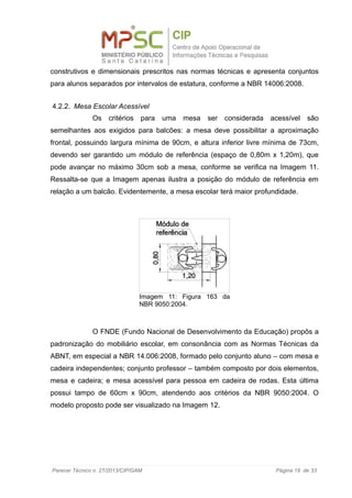 construtivos e dimensionais prescritos nas normas técnicas e apresenta conjuntos
para alunos separados por intervalos de estatura, conforme a NBR 14006:2008.
4.2.2. Mesa Escolar Acessível
Os critérios para uma mesa ser considerada acessível são
semelhantes aos exigidos para balcões: a mesa deve possibilitar a aproximação
frontal, possuindo largura mínima de 90cm, e altura inferior livre mínima de 73cm,
devendo ser garantido um módulo de referência (espaço de 0,80m x 1,20m), que
pode avançar no máximo 30cm sob a mesa, conforme se verifica na Imagem 11.
Ressalta-se que a Imagem apenas ilustra a posição do módulo de referência em
relação a um balcão. Evidentemente, a mesa escolar terá maior profundidade.
O FNDE (Fundo Nacional de Desenvolvimento da Educação) propôs a
padronização do mobiliário escolar, em consonância com as Normas Técnicas da
ABNT, em especial a NBR 14.006:2008, formado pelo conjunto aluno – com mesa e
cadeira independentes; conjunto professor – também composto por dois elementos,
mesa e cadeira; e mesa acessível para pessoa em cadeira de rodas. Esta última
possui tampo de 60cm x 90cm, atendendo aos critérios da NBR 9050:2004. O
modelo proposto pode ser visualizado na Imagem 12.
Parecer Técnico n. 27/2013/CIP/GAM Página 18 de 33
Imagem 11: Figura 163 da
NBR 9050:2004.
 
