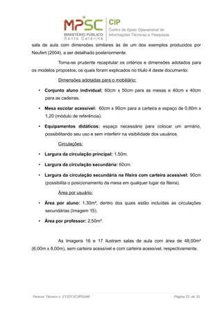 sala de aula com dimensões similares às de um dos exemplos produzidos por
Neufert (2004), a ser detalhado posteriormente.
Torna-se prudente recapitular os critérios e dimensões adotados para
os modelos propostos, os quais foram explicados no título 4 deste documento:
Dimensões adotadas para o mobiliário:
• Conjunto aluno individual: 60cm x 50cm para as mesas e 40cm x 40cm
para as cadeiras.
• Mesa escolar acessível: 60cm x 90cm para a carteira e espaço de 0,80m x
1,20 (módulo de referência).
• Equipamentos didáticos: espaço necessário para colocar um armário,
possibilitando seu uso e sem interferir na visibilidade dos usuários.
Circulações:
• Largura da circulação principal: 1,50m.
• Largura da circulação secundária: 60cm.
• Largura da circulação secundária na fileira com carteira acessível: 90cm
(possibilita o posicionamento da mesa em qualquer lugar da fileira).
Área por usuário:
• Área por aluno: 1,30m², dentro dos quais estão incluídas as circulações
secundárias (Imagem 15).
• Área por professor: 2,50m².
As Imagens 16 e 17 ilustram salas de aula com área de 48,00m²
(6,00m x 8,00m), sem carteira acessível e com carteira acessível, respectivamente.
Parecer Técnico n. 27/2013/CIP/GAM Página 22 de 33
 