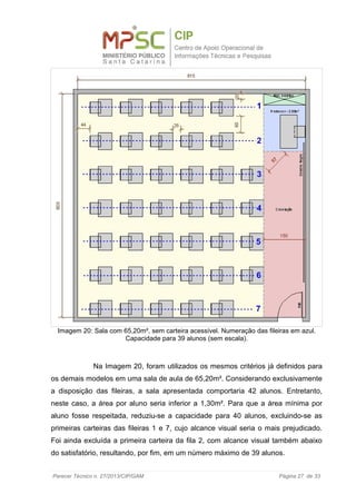 Na Imagem 20, foram utilizados os mesmos critérios já definidos para
os demais modelos em uma sala de aula de 65,20m². Considerando exclusivamente
a disposição das fileiras, a sala apresentada comportaria 42 alunos. Entretanto,
neste caso, a área por aluno seria inferior a 1,30m². Para que a área mínima por
aluno fosse respeitada, reduziu-se a capacidade para 40 alunos, excluindo-se as
primeiras carteiras das fileiras 1 e 7, cujo alcance visual seria o mais prejudicado.
Foi ainda excluída a primeira carteira da fila 2, com alcance visual também abaixo
do satisfatório, resultando, por fim, em um número máximo de 39 alunos.
Parecer Técnico n. 27/2013/CIP/GAM Página 27 de 33
Imagem 20: Sala com 65,20m², sem carteira acessível. Numeração das fileiras em azul.
Capacidade para 39 alunos (sem escala).
 