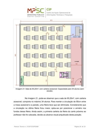 Na Imagem 21, pode-se observar que a sala de 65,20m², com carteira
acessível, comporta no máximo 34 alunos. Para manter a circulação de 90cm entre
a mesa acessível e a parede, uma fileira teve que ser eliminada. Considerando que
a circulação na última fileira ficou maior, optou-se por posicionar o armário nos
fundos dessa fileira. Ainda assim, a primeira carteira da fileira do canto próximo ao
professor não foi colocada, devido ao alcance visual prejudicado desta posição.
Parecer Técnico n. 27/2013/CIP/GAM Página 28 de 33
Imagem 21: Sala de 65,20m², com carteira acessível. Capacidade para 34 alunos (sem
escala).
 