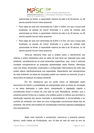 posicionada na frente, a capacidade máxima da sala é de 29 alunos, ou 28
alunos quando houver mesa acessível.
• Para salas de aula com dimensões de 7,00m x 8,00m, em que a lousa está
localizada na parede de menor dimensão e a porta de entrada está
posicionada na frente, a capacidade máxima da sala é de 35 alunos, ou 28
alunos quando houver mesa acessível.
• Para salas de aula com dimensões de 8,00m x 8,15m, em que a lousa está
localizada na parede de menor dimensão e a porta de entrada está
posicionada na frente, a capacidade máxima da sala é de 39 alunos, ou 34
alunos quando houver mesa acessível.
Torna-se relevante frisar que a análise sobre o atendimento aos
critérios a serem obedecidos para as salas de aula deve ser realizada para cada
ambiente, considerando-se as suas dimensões específicas, pois, como é possível
constatar comparando-se as propostas apresentadas neste Parecer, diferenças
sutis nas áreas, dimensões, proporções e configuração interna/layout de cada sala
podem alterar significativamente sua capacidade. Dependendo das características
de cada ambiente, as áreas de circulação podem ser maiores ou menores, já que o
layout deve se adequar ao espaço existente.
Por fim, destaca-se que um ponto chave na elaboração deste
documento foi admitir a possibilidade de sobreposição entre as áreas de circulação
e as áreas dedicadas a cada aluno, interpretando a legislação vigente e
considerando fluxos e rotinas de uma sala de aula. Ressalta-se, também, que o
presente parecer limitou-se a realizar uma análise quanto a critérios que permitam a
distribuição espacial dos alunos orientada à acessibilidade, à funcionalidade e ao
conforto do ambiente com base em uma configuração convencional desse tipo de
ambiente, não tendo sido levados em consideração eventuais aspectos pedagógicos
e/ou educacionais.
Nada mais havendo a acrescentar, encerra-se o presente parecer
técnico, nesta cidade de Florianópolis, aos 16 dias do mês de maio do ano de
Parecer Técnico n. 27/2013/CIP/GAM Página 31 de 33
 