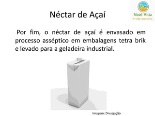 Néctar de Açaí 
Por fim, o néctar de açaí é envasado em 
processo asséptico em embalagens tetra brik 
e levado para a geladeira industrial. 
Imagem: Divulgação 
 